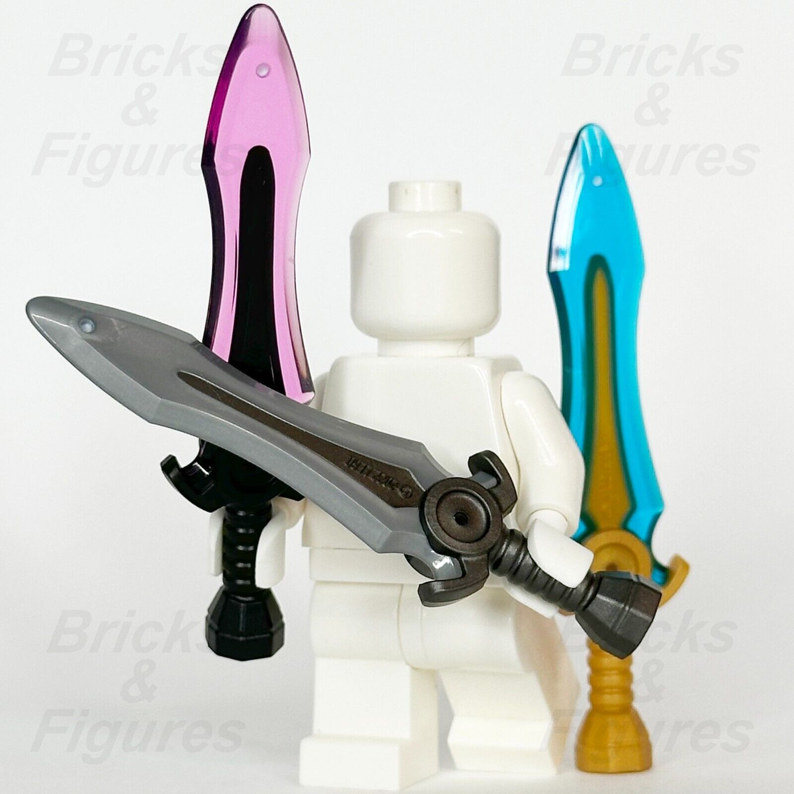 LEGO Minifigure Sword Weapon Part Pack Silver Pink Blue Blade Broadsword x 3 - Bricks & Figures